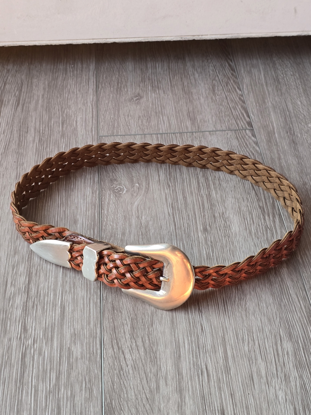 Vintage Another Line Inc Braided Leather Belt Silver Buckle USA Boho Western